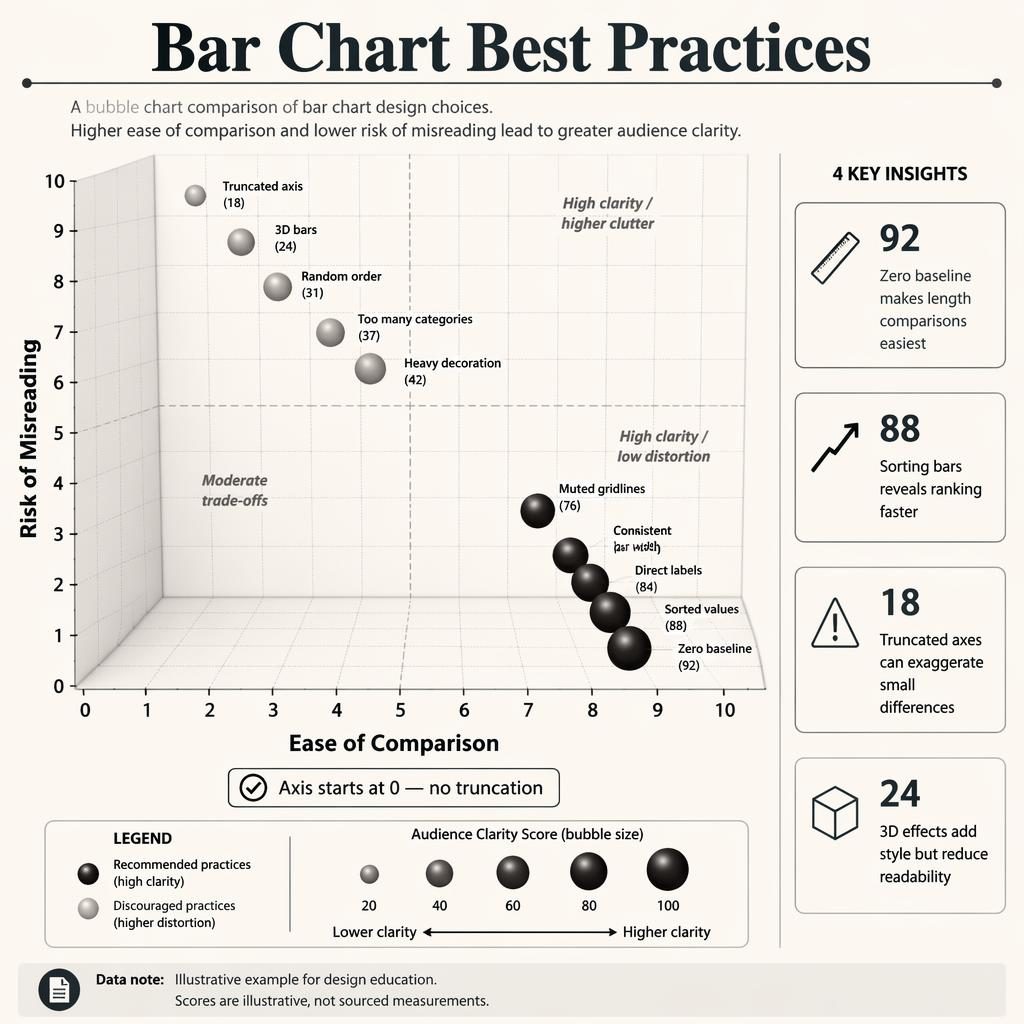 Editorial bubble chart infographic comparing bar chart best practices vs poor choices with axes, legend, callouts, and notes.