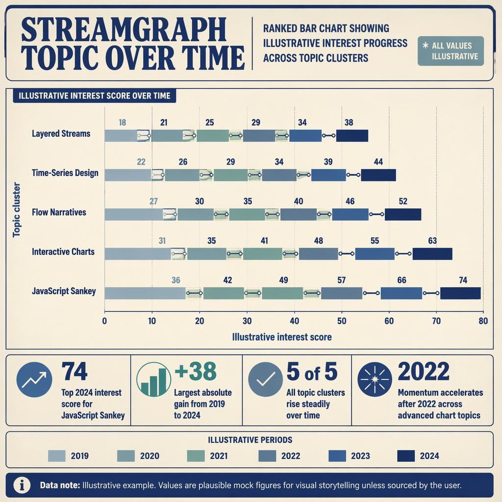 Retro editorial infographic with ranked horizontal bar charts from 2019–2024, highlighting JavaScript Sankey at 74 in 2024.
