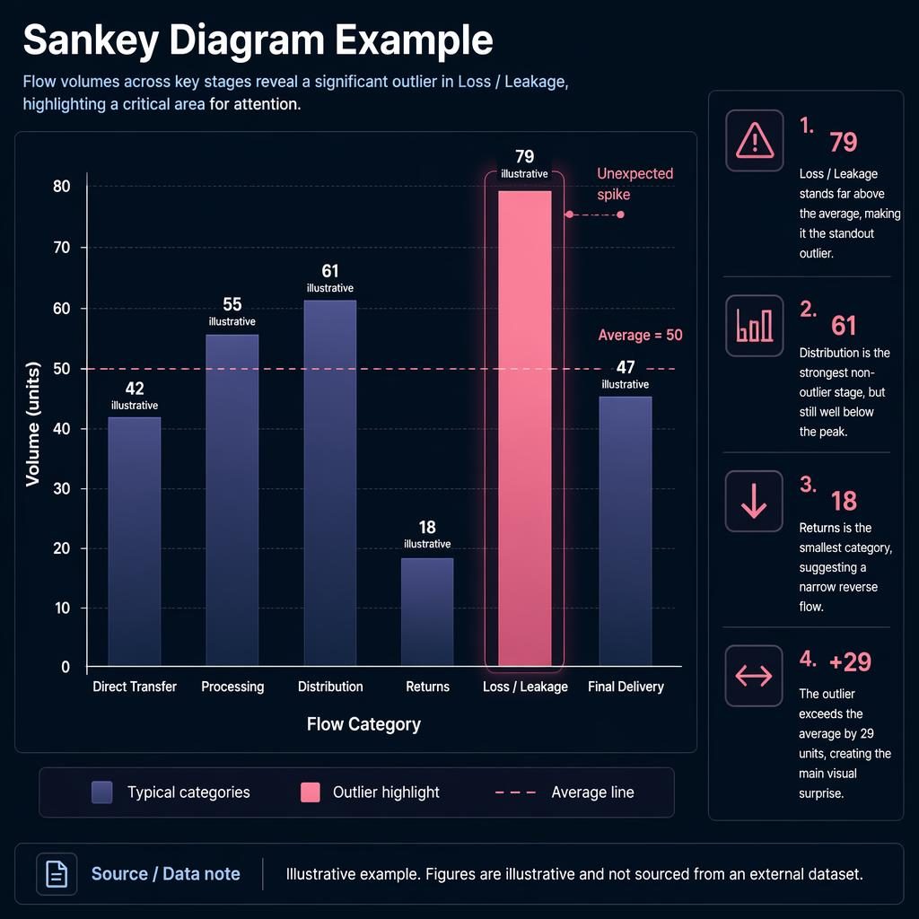 Dark editorial column chart infographic with six bars, FT pink outlier at Loss / Leakage 79, average line and insight callouts.