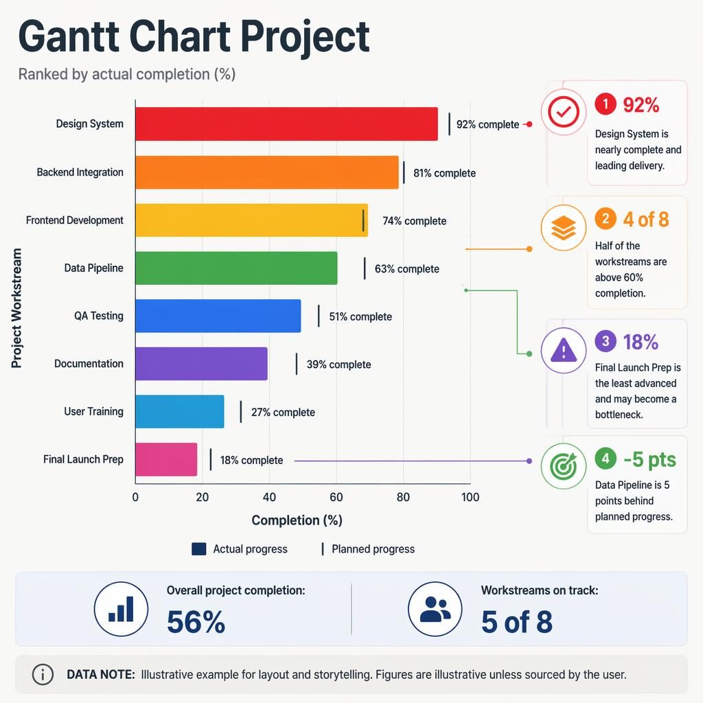 Ranked horizontal bar chart infographic showing eight project workstreams, actual vs planned completion, with callouts and summary metrics.
