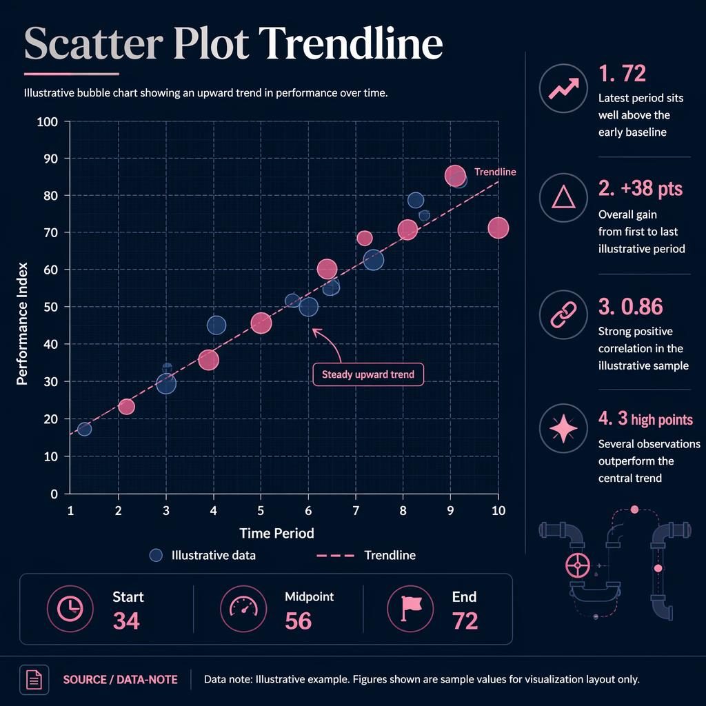 Infografía de visualizacion de data con bubble chart ascendente, trendline, panel oscuro y métricas laterales.