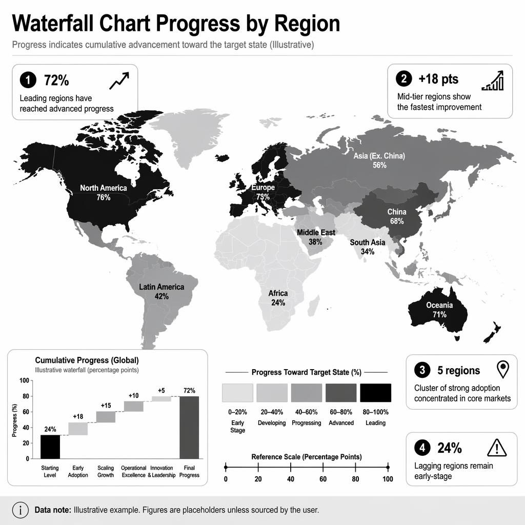 Monochrome choropleth world map infographic with regional progress shading, mini waterfall inset, legend, and 4 insight callouts.