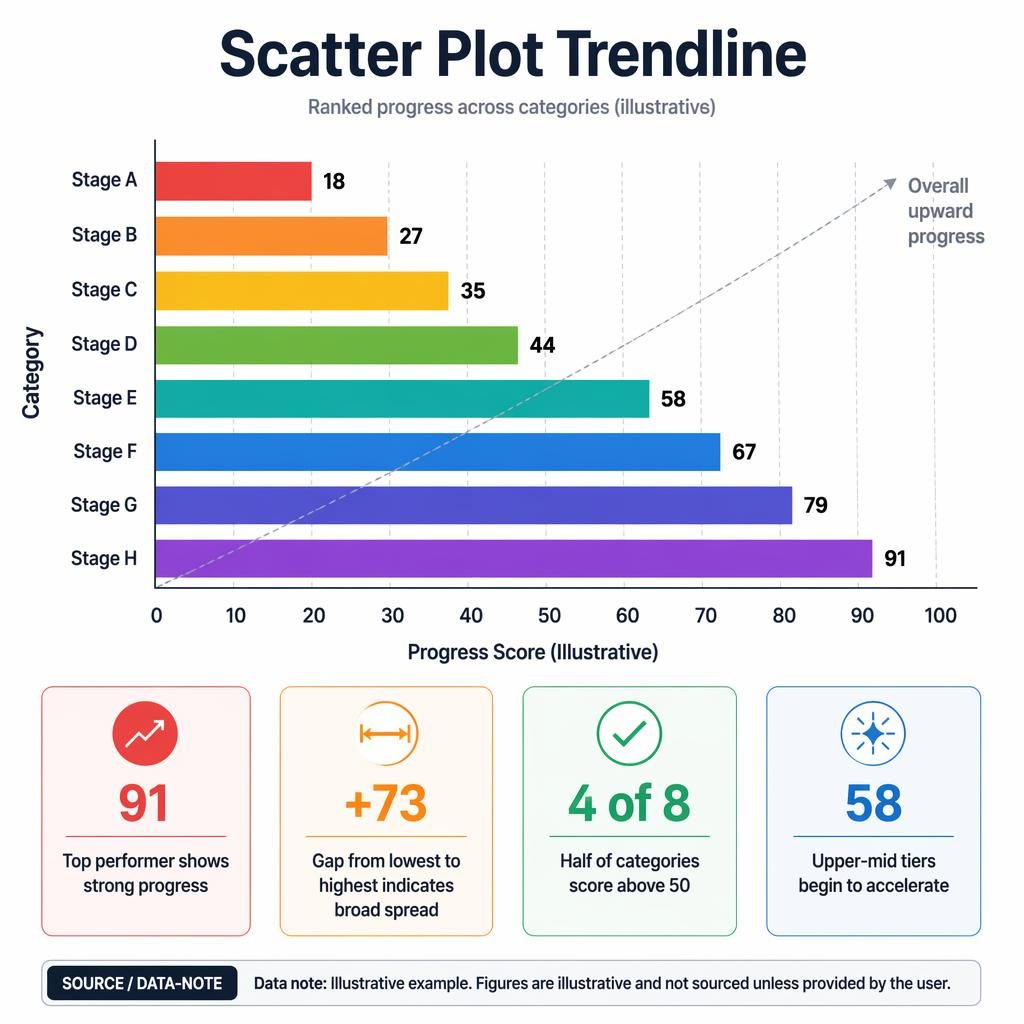 Ranked horizontal bar chart infographic with 8 categories, 0 to 100 axis, callouts, and upward progress annotation.
