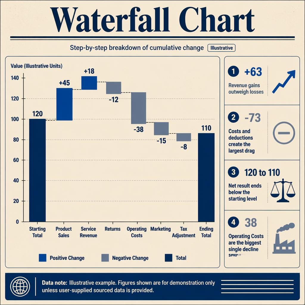 Retro-style waterfall chart infographic showing cumulative gains and losses from 120 to 110 with blue columns and callouts.