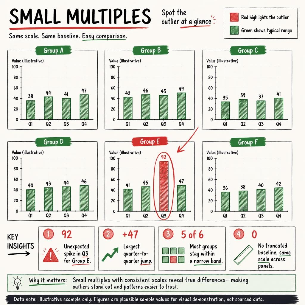 Small-multiples infographic with 6 mini column charts, one Q3 outlier in Group E, red and green sketchnote callouts.