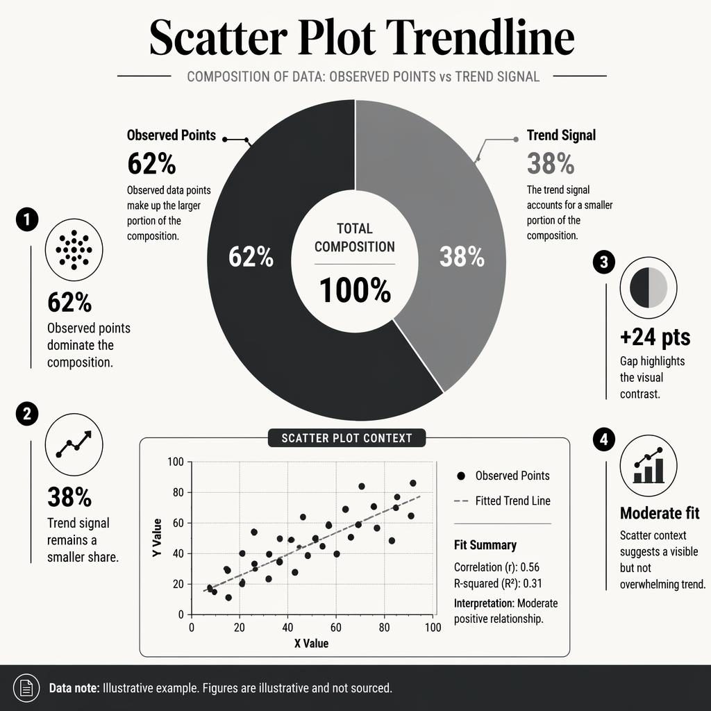 Monochrome infographic with a central donut chart, 62% Observed Points vs 38% Trend Signal, plus inset scatter plot trendline.