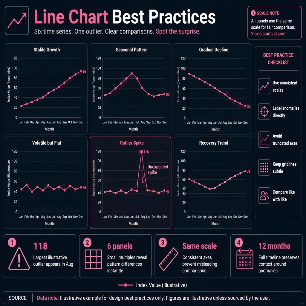 Dark dashboard infographic with a 2x3 grid of mini line charts, one outlier spike in Aug, checklist sidebar, and 4 insight callouts.