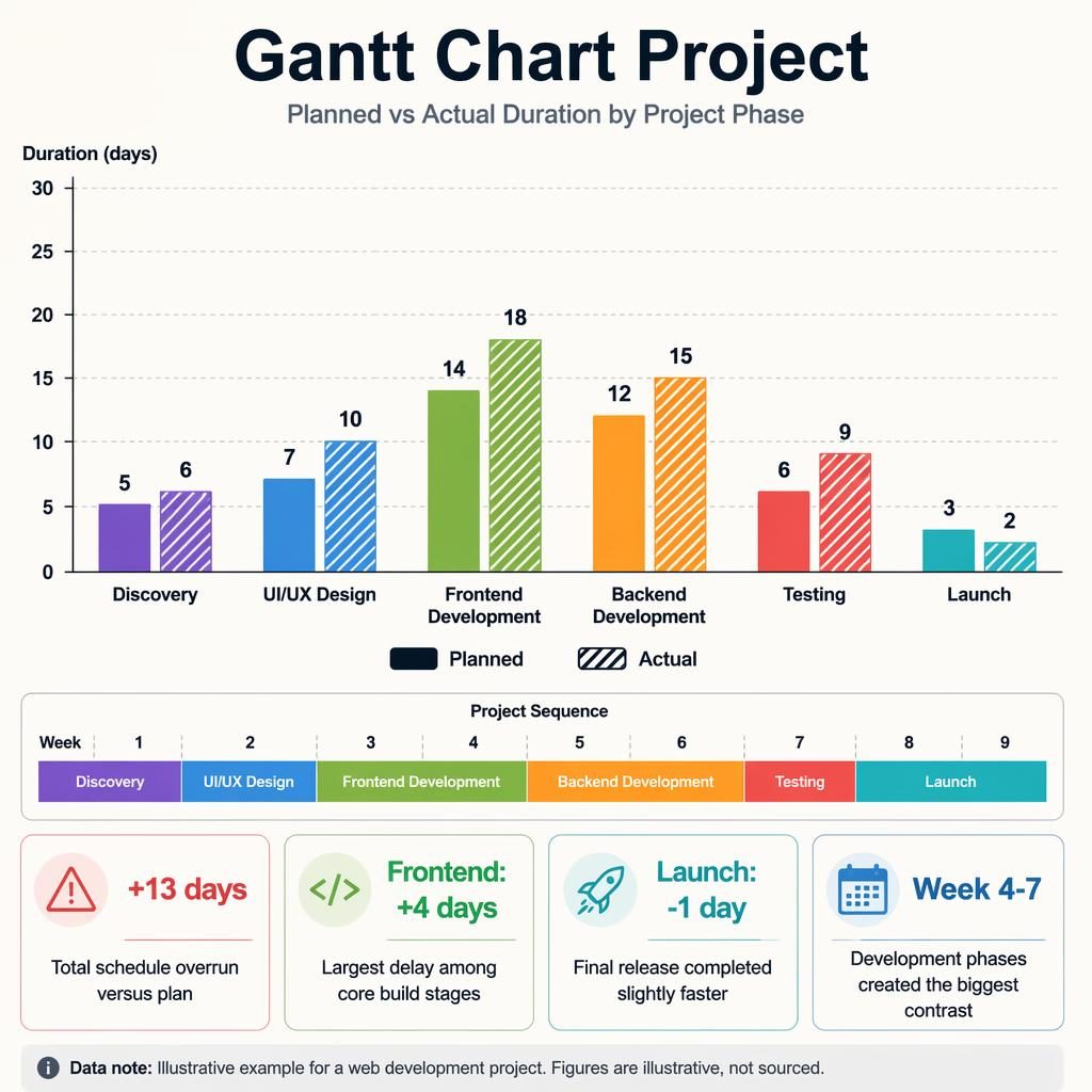 Data infographic web development chart with comparison columns for project phases, planned vs actual days, plus mini timeline.