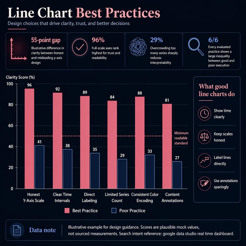 Dark infographic with comparison columns showing line chart best practices vs poor practice across 6 clarity categories.