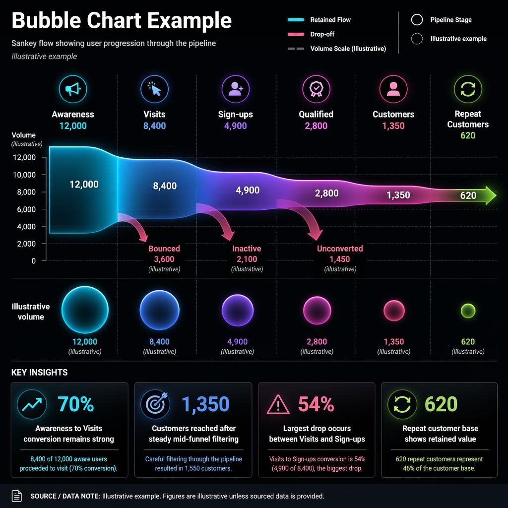 Dark neon editorial infographic with a Sankey pipeline, bubble comparisons, drop-off branches, and callout metrics.
