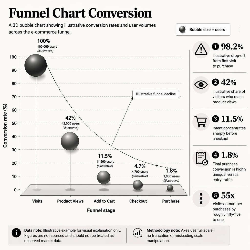 Monochrome editorial infographic with a 3D bubble chart of funnel stages, conversion rates, user-size bubbles, and insight callouts.