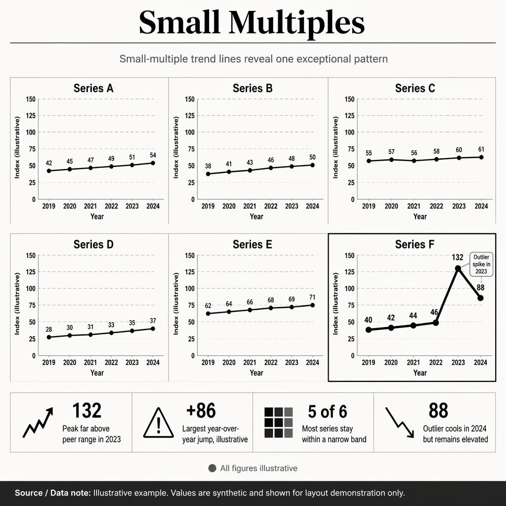 Monochrome infographic with 6 small multiple line charts from 2019 to 2024, highlighting Series F spike to 132 and reversion to 88.