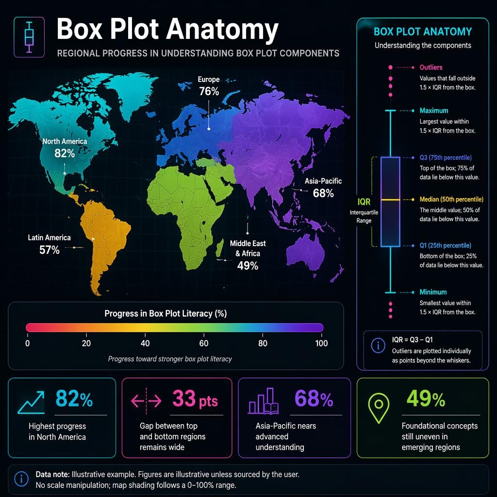Dark-mode infographic with choropleth world map, box plot anatomy panel, neon callouts, and regional literacy percentages.