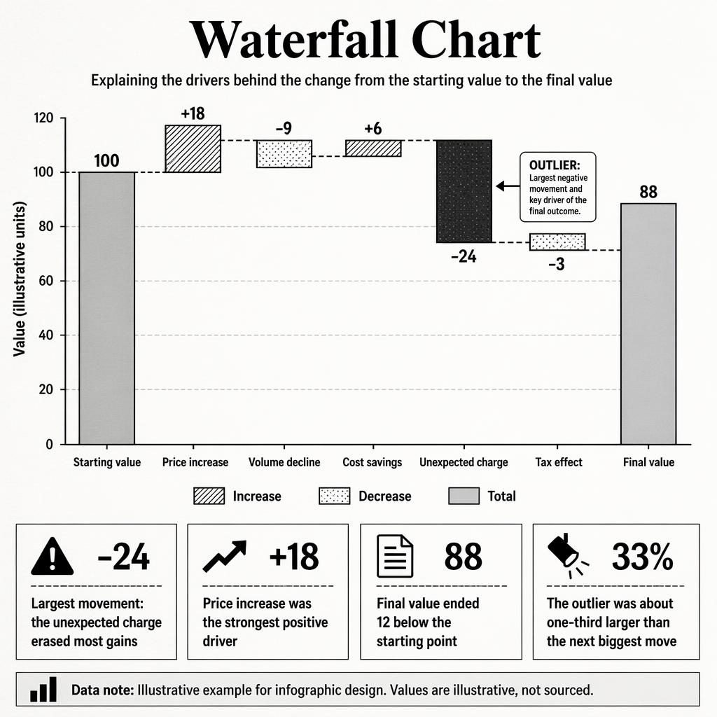 Monochrome data infographic waterfall chart with comparison columns, axis 0–120, callouts, legend, and outlier step.