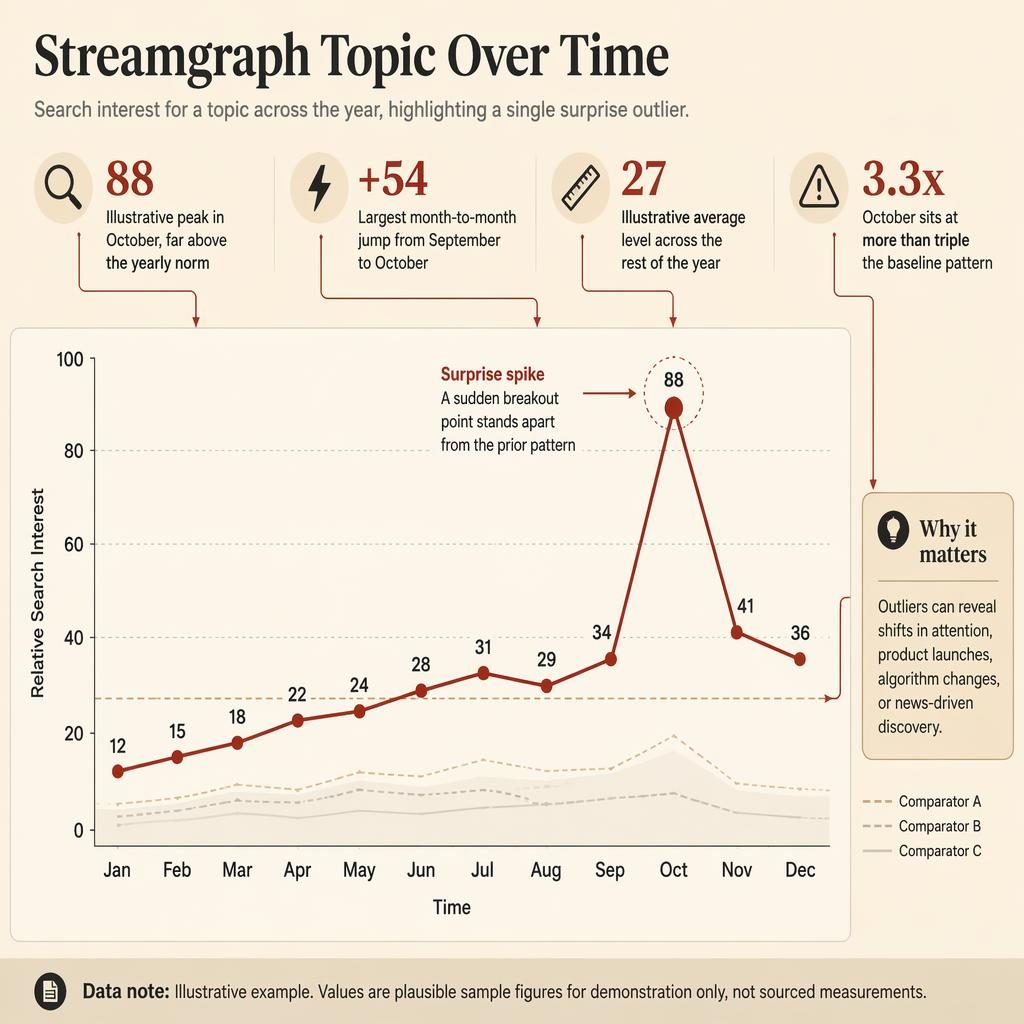 Editorial time-series infographic with Jan-Dec trend line, October spike at 88, callouts, and beige data-journalism styling.