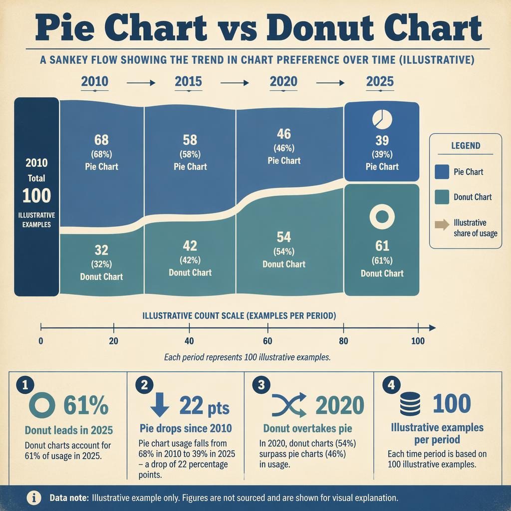 Retro-style sankeymatic infographic showing 2010 to 2025 flow from time stages to Pie Chart and Donut Chart shares.