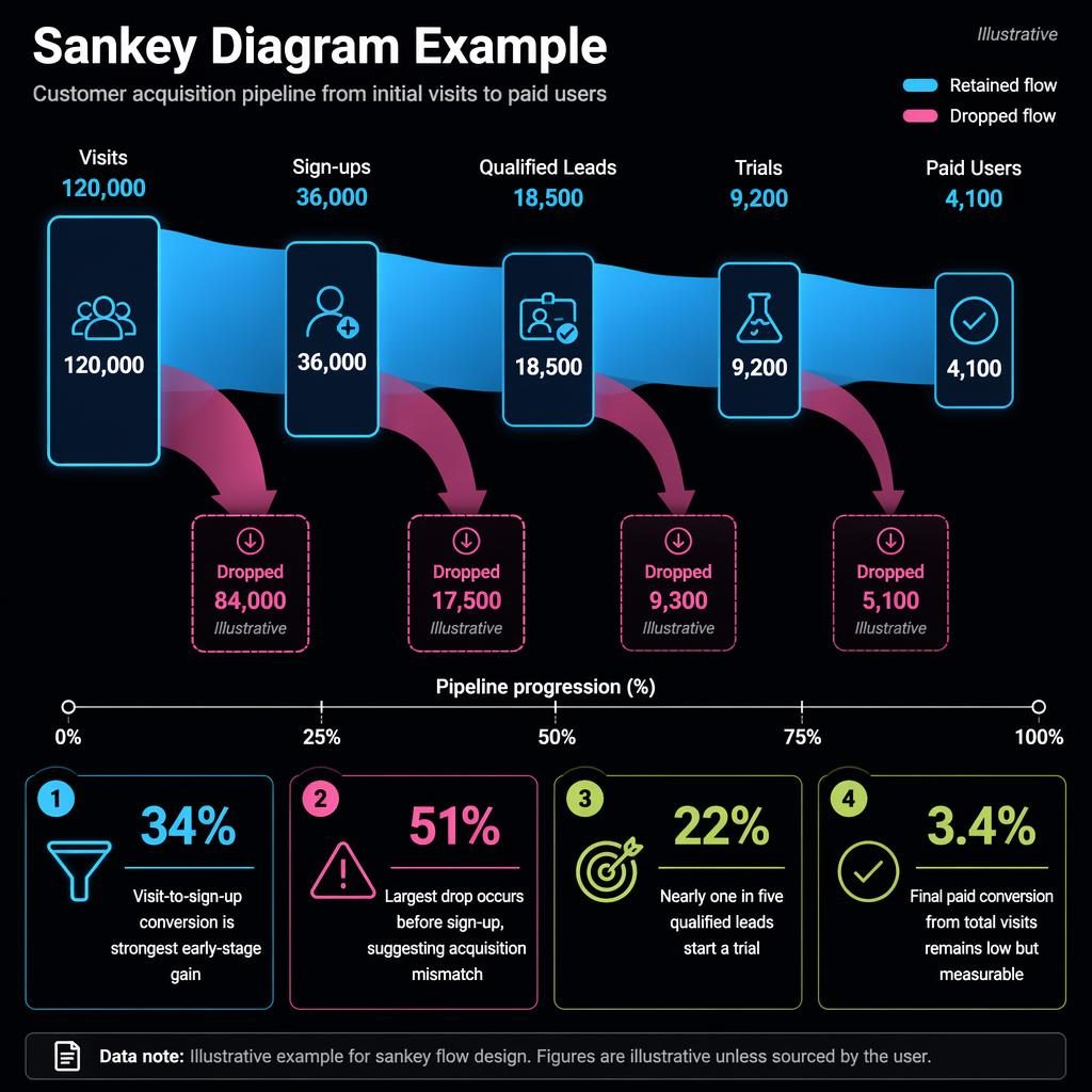 Dark mode sankey infographic showing Visits to Paid Users with dropped flow branches, callouts, legend, and progress scale.
