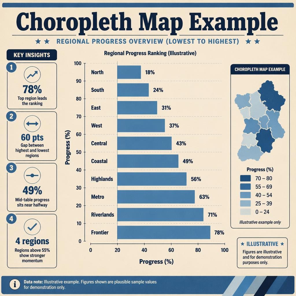 Retro blue ranked bar chart infographic with 10 regions, progress callouts, and a choropleth map example inset.