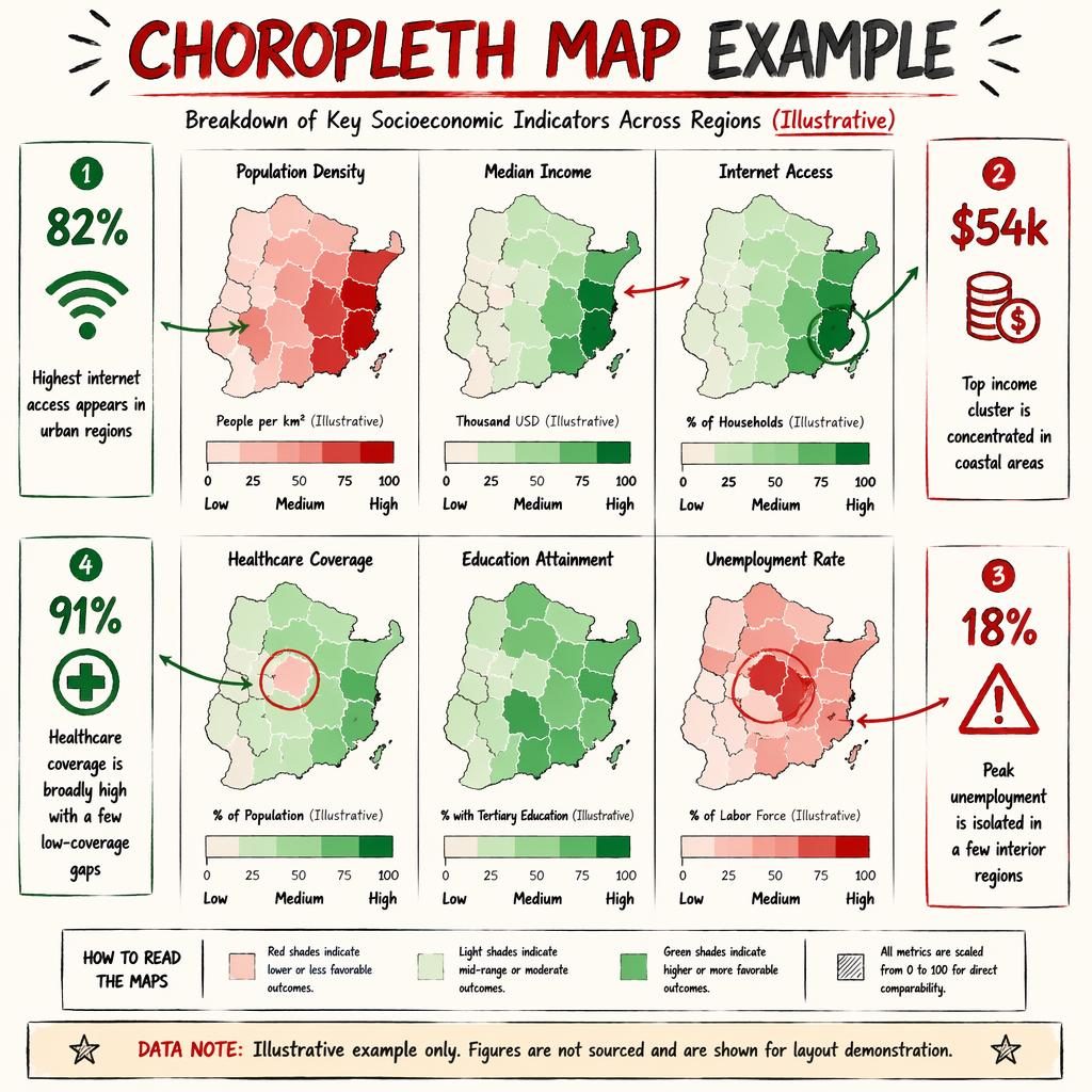 Hand-drawn infographic with six choropleth maps in a 3x2 grid, legends, English labels, and four metric callouts.