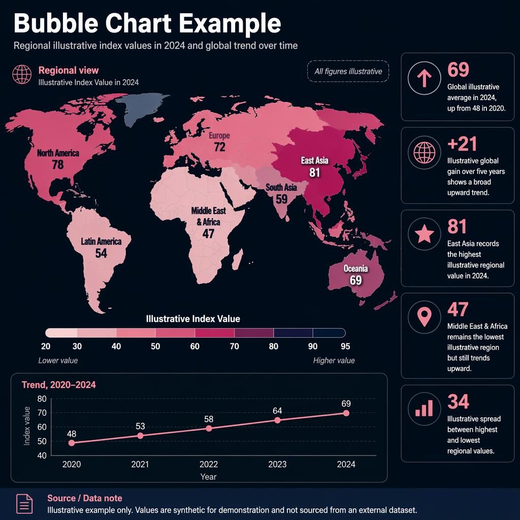 Dark dashboard infographic with world choropleth map, regional values, trend line inset, legend, and insight callouts.