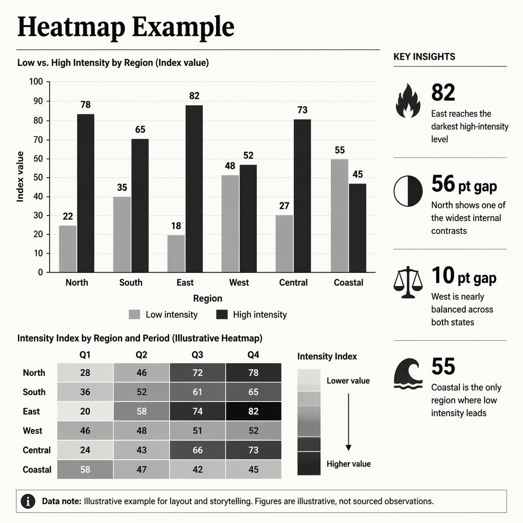 Monochrome infographic with comparison columns by region, a secondary heatmap grid, legend, and four insight callouts.