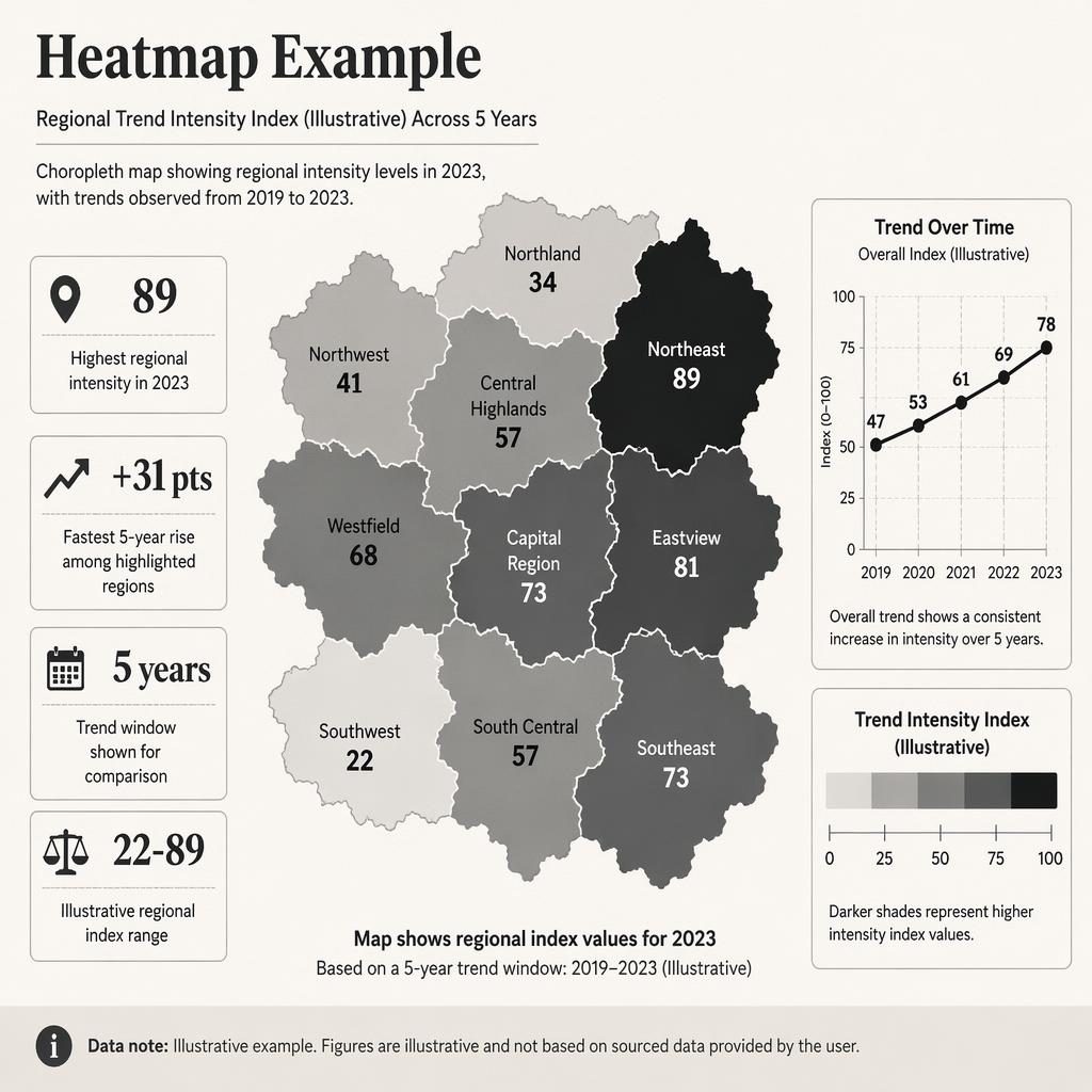 Monochrome choropleth map infographic with trend legend, 2019–2023 mini line panel, and four insight callouts.