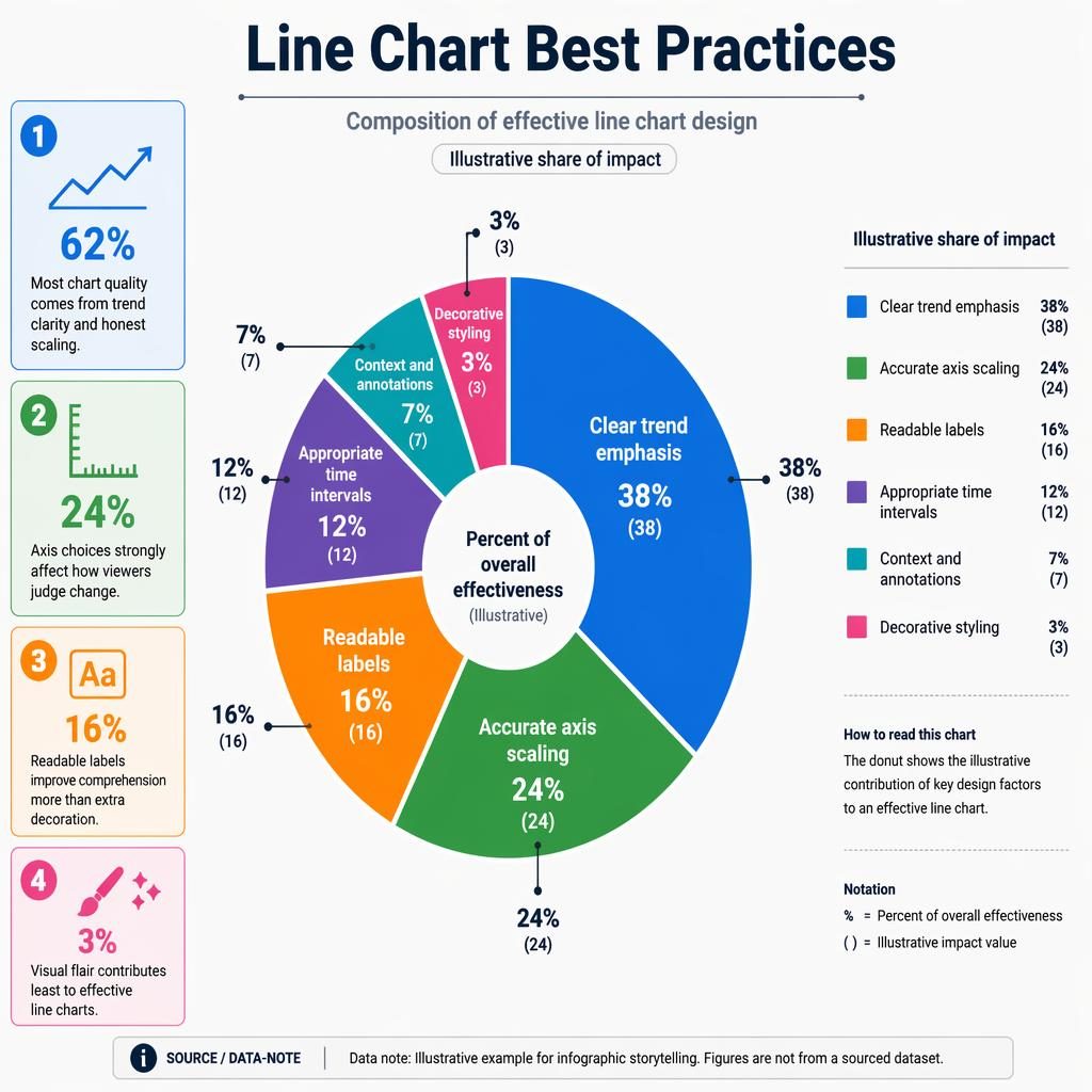 Infographie de visualisation de donnees avec grand graphique en donut, légende latérale, 4 encadrés d’insights et notes.