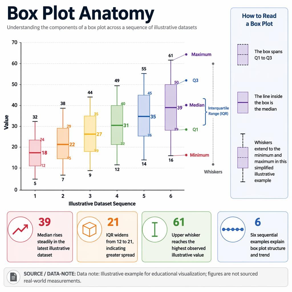Educational trend infographic showing box plot anatomy across six datasets with Q1, median, Q3, whiskers, and insights.