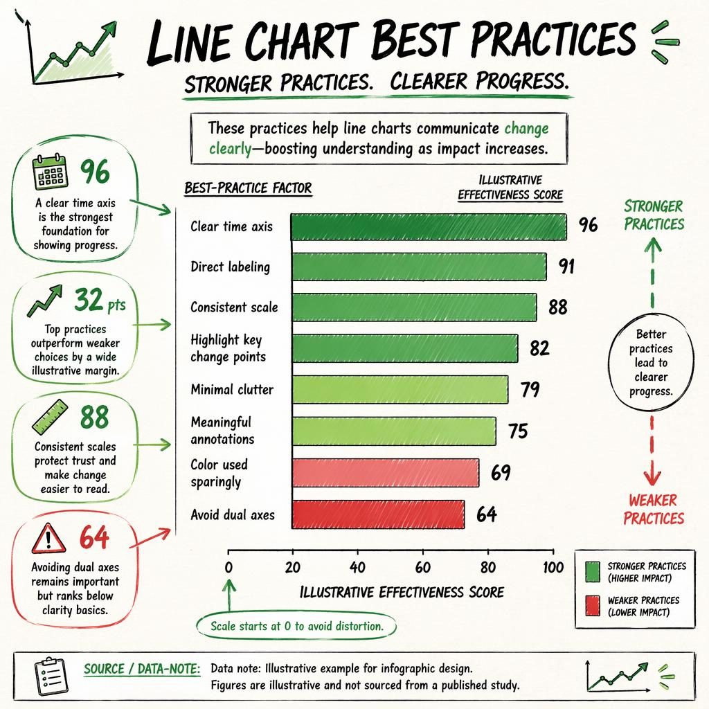 Ranked bar chart infographic on line chart best practices with English labels, insight callouts, honest 0 to 100 scale.