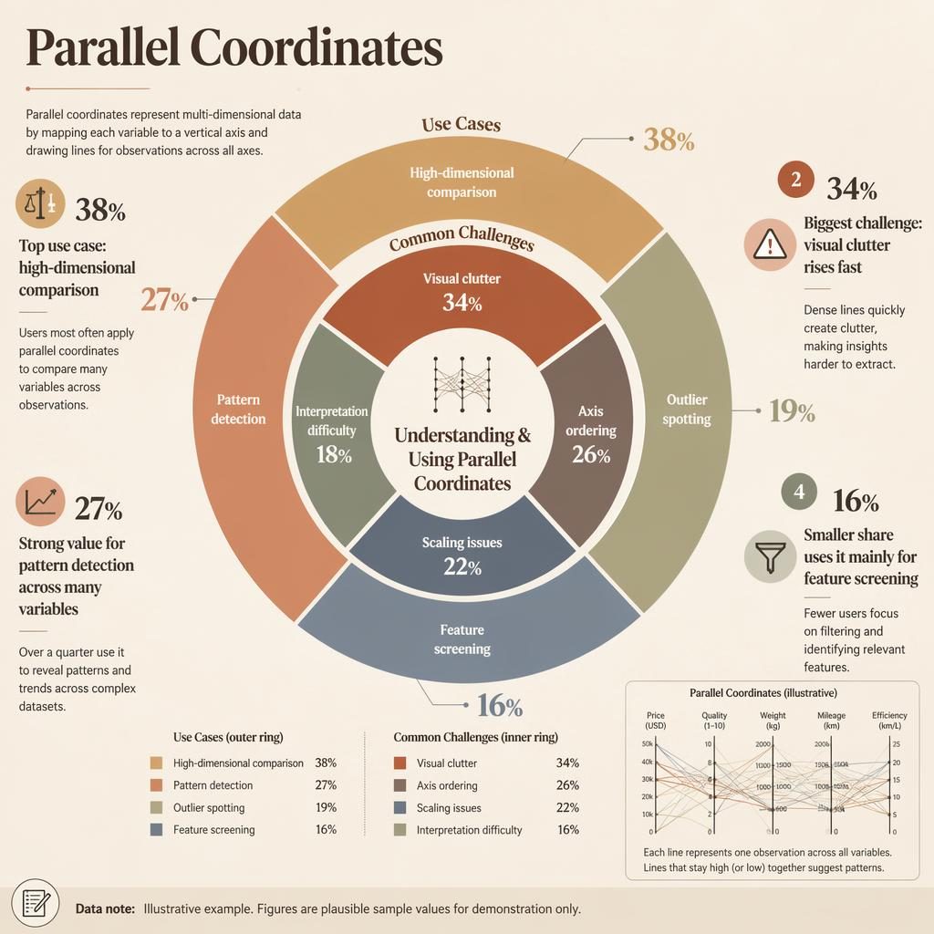 Editorial donut infographic on parallel coordinates with two rings, percentage labels, callouts, and a mini inset sketch.
