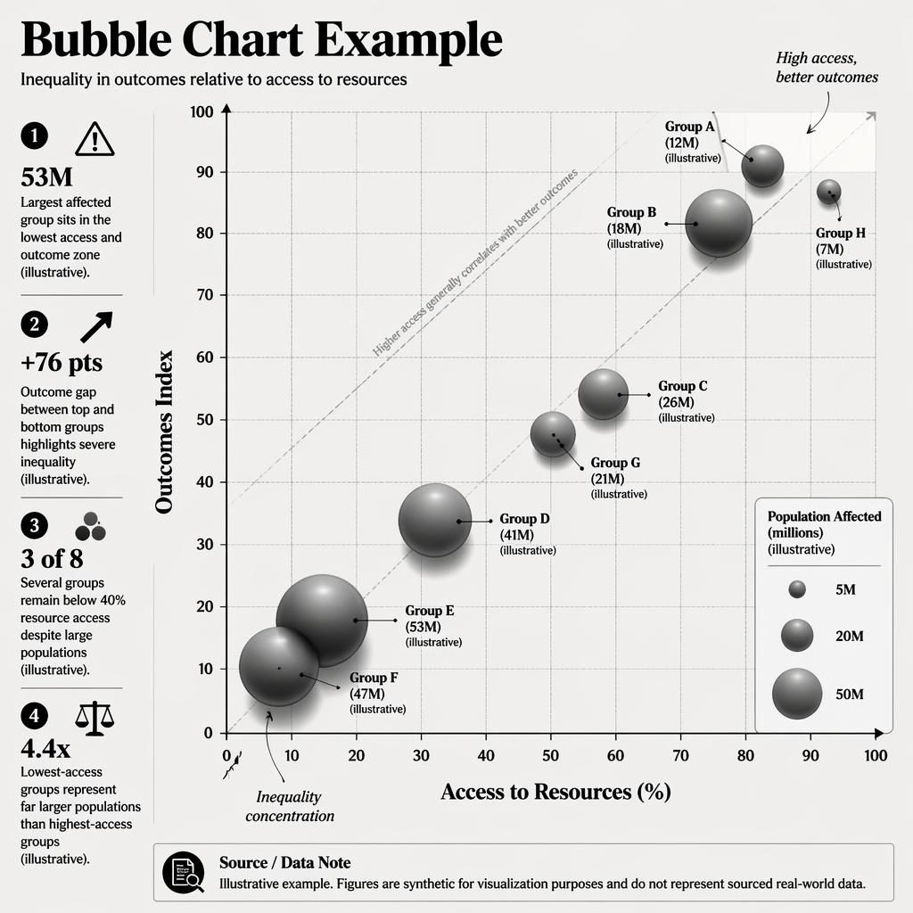 Monochrome 3D-style bubble chart infographic showing inequality with axes, gridlines, legend, callouts, and labels.
