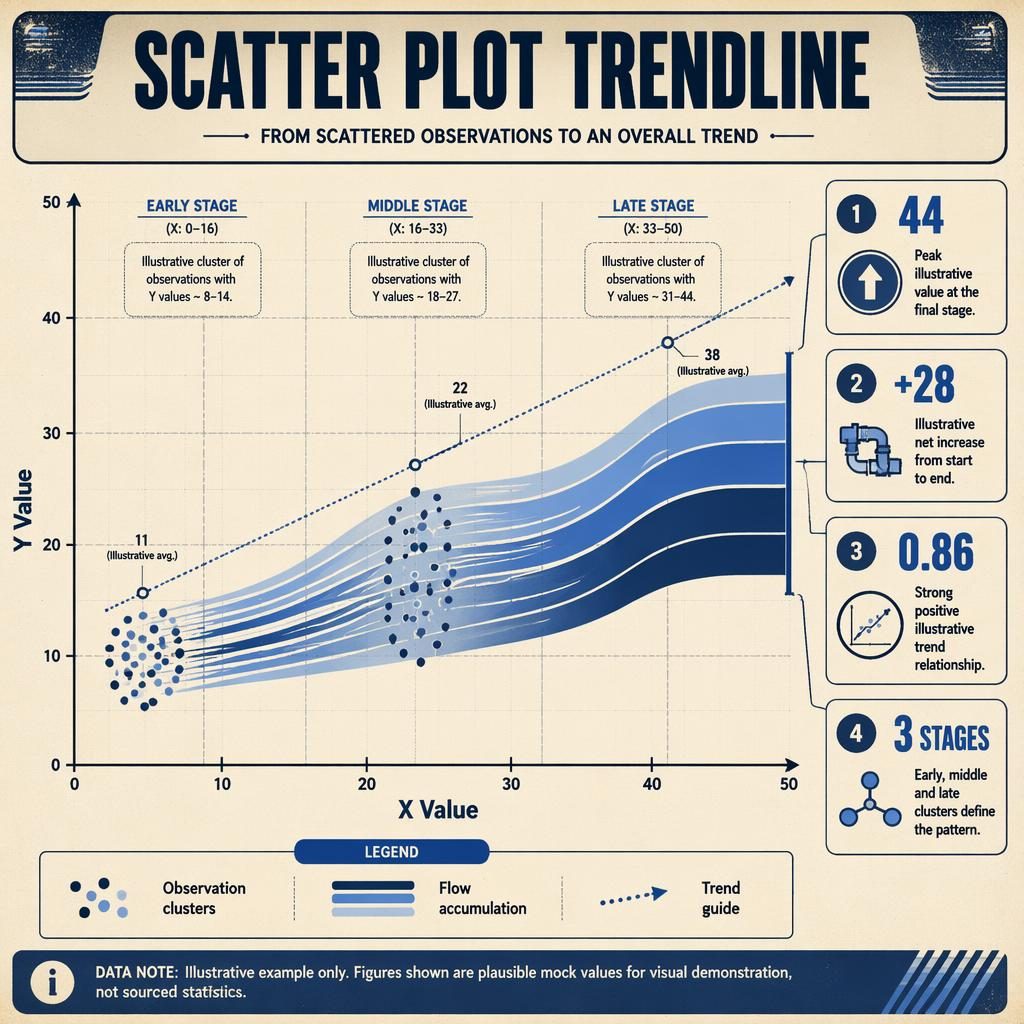 Retro blue and cream infographic with sankey flow scatter plot trendline, axes, legend, and four insight callouts.