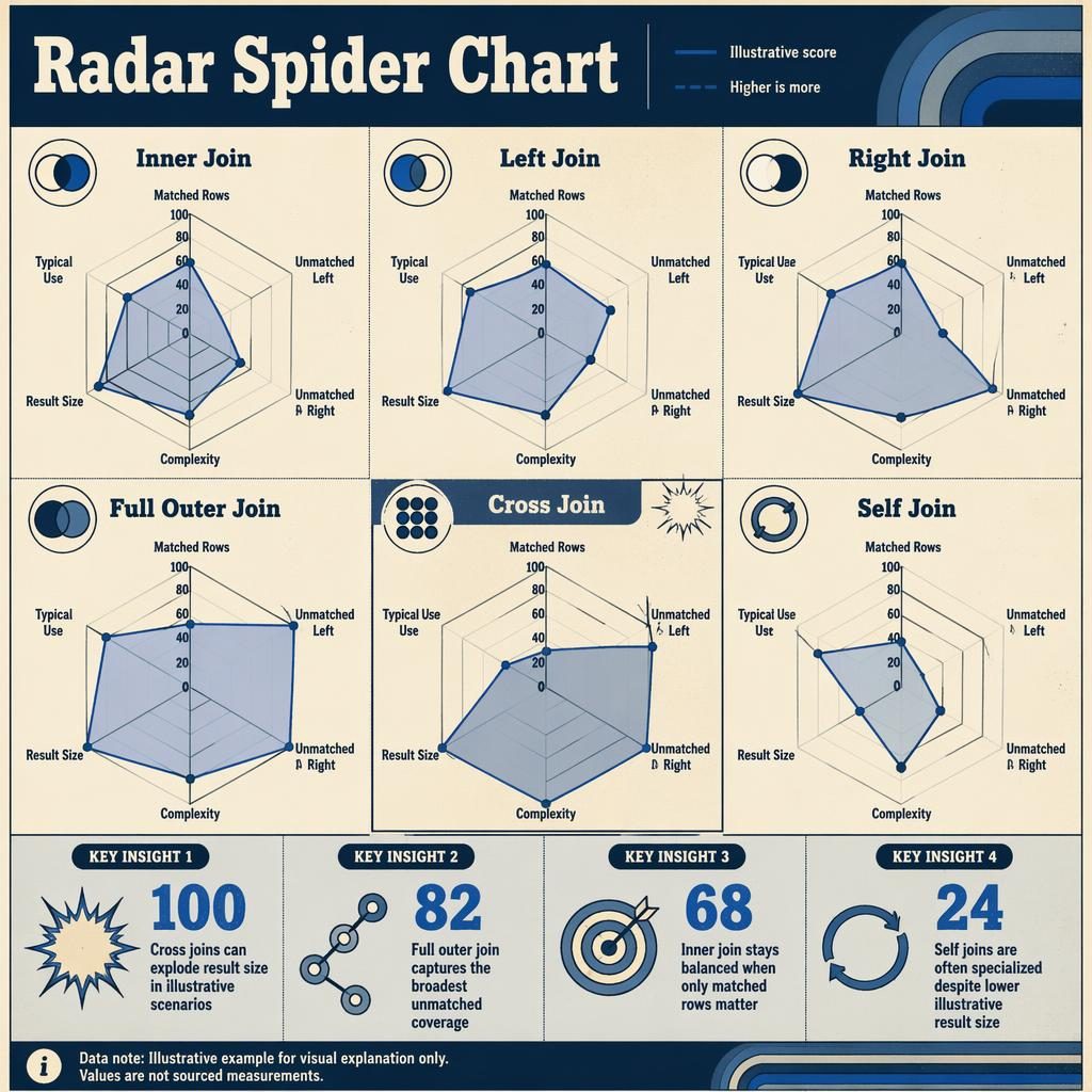 Retro-style infographic with a 2x3 grid of radar charts comparing SQL join types, with Cross Join as the outlier.