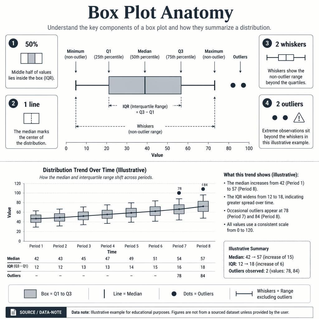 Monochrome infographic showing box plot anatomy with labeled axis, whiskers, outliers, legend, and a small time trend panel.