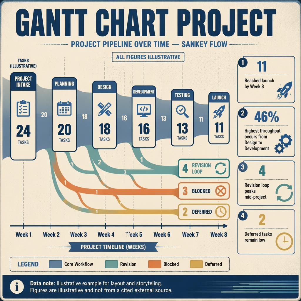 Retro editorial Sankey-style Gantt chart showing project flow from intake to launch across Weeks 1–8 with callouts and legend.