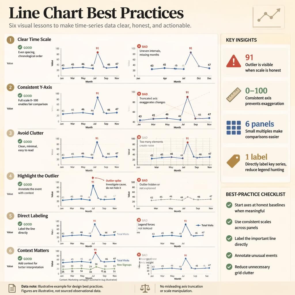 Editorial infographic with 6 mini line charts showing time-series best practices, including an outlier spike to 91 in Aug.