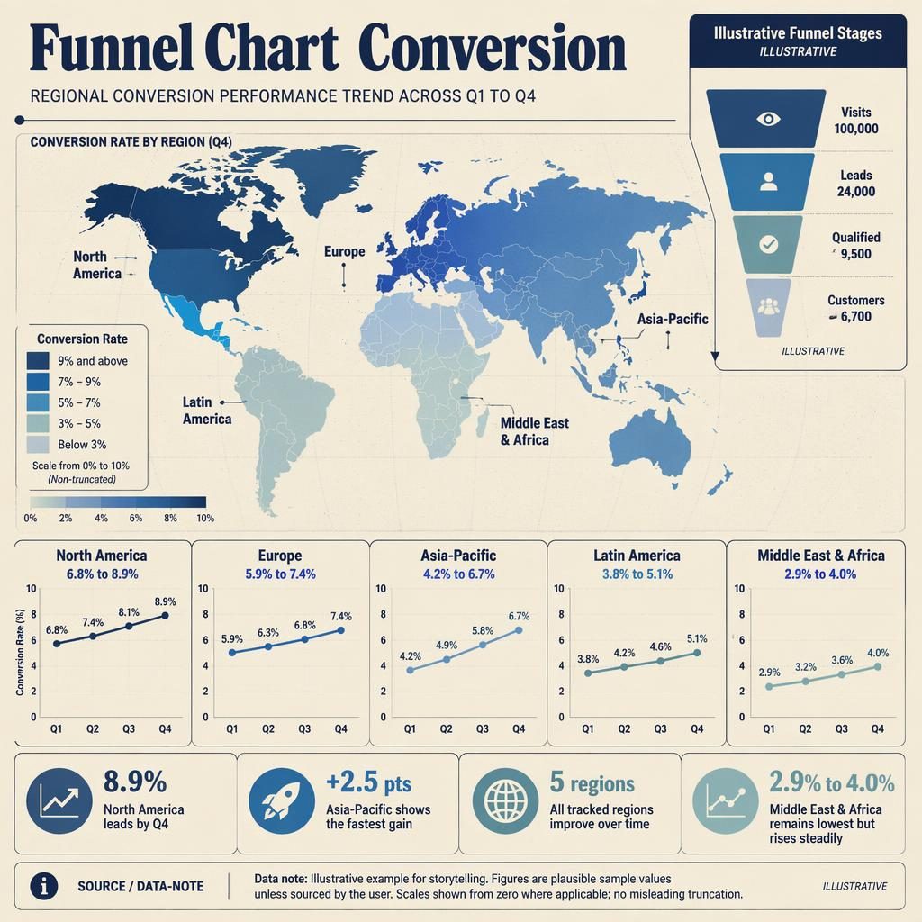 Retro editorial world choropleth map with regional conversion rates Q1 to Q4, inset trend lines, callouts, and funnel panel.