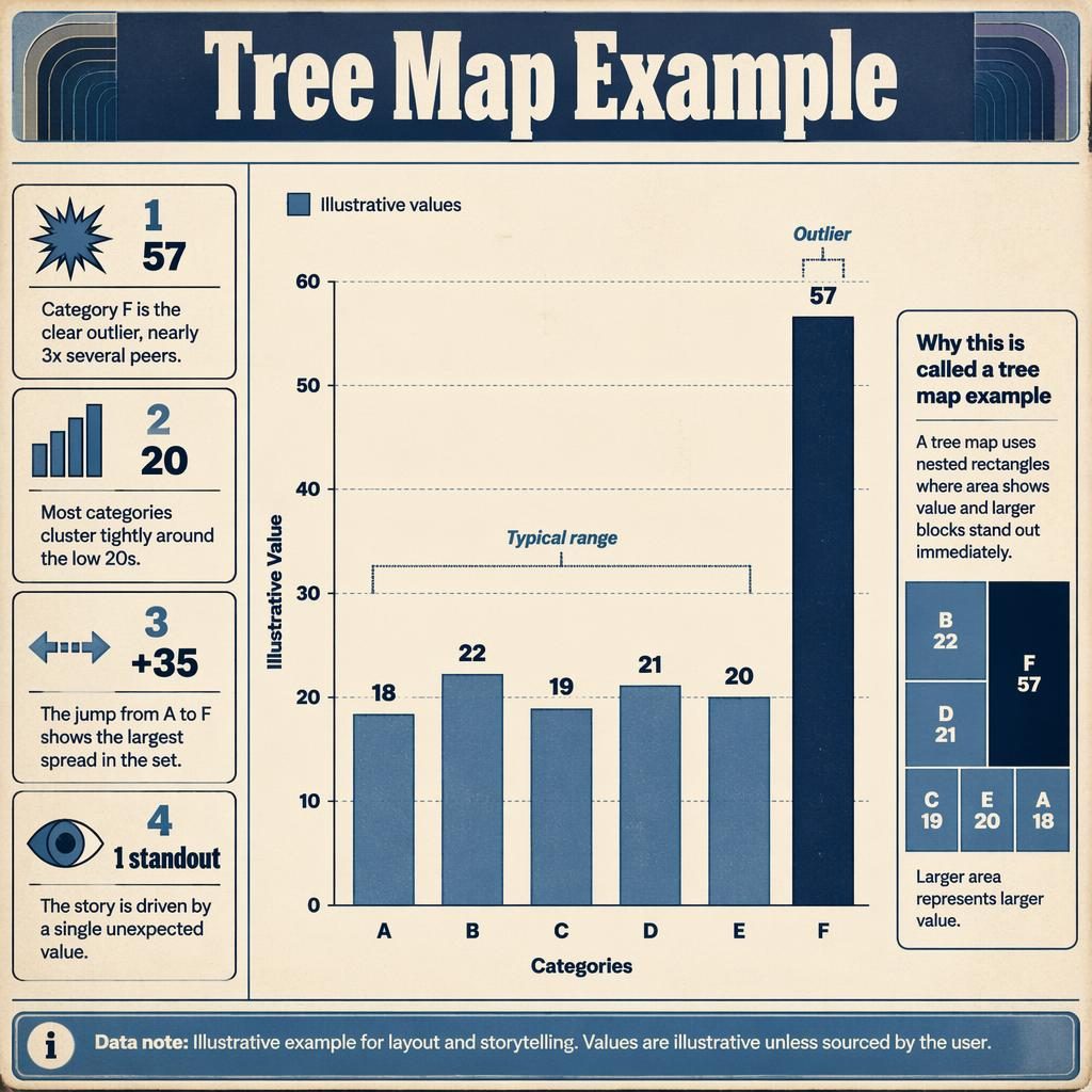 Retro editorial infographic with comparison columns A-F, F at 57 as outlier, inset tree map diagram, and 4 insight callouts.