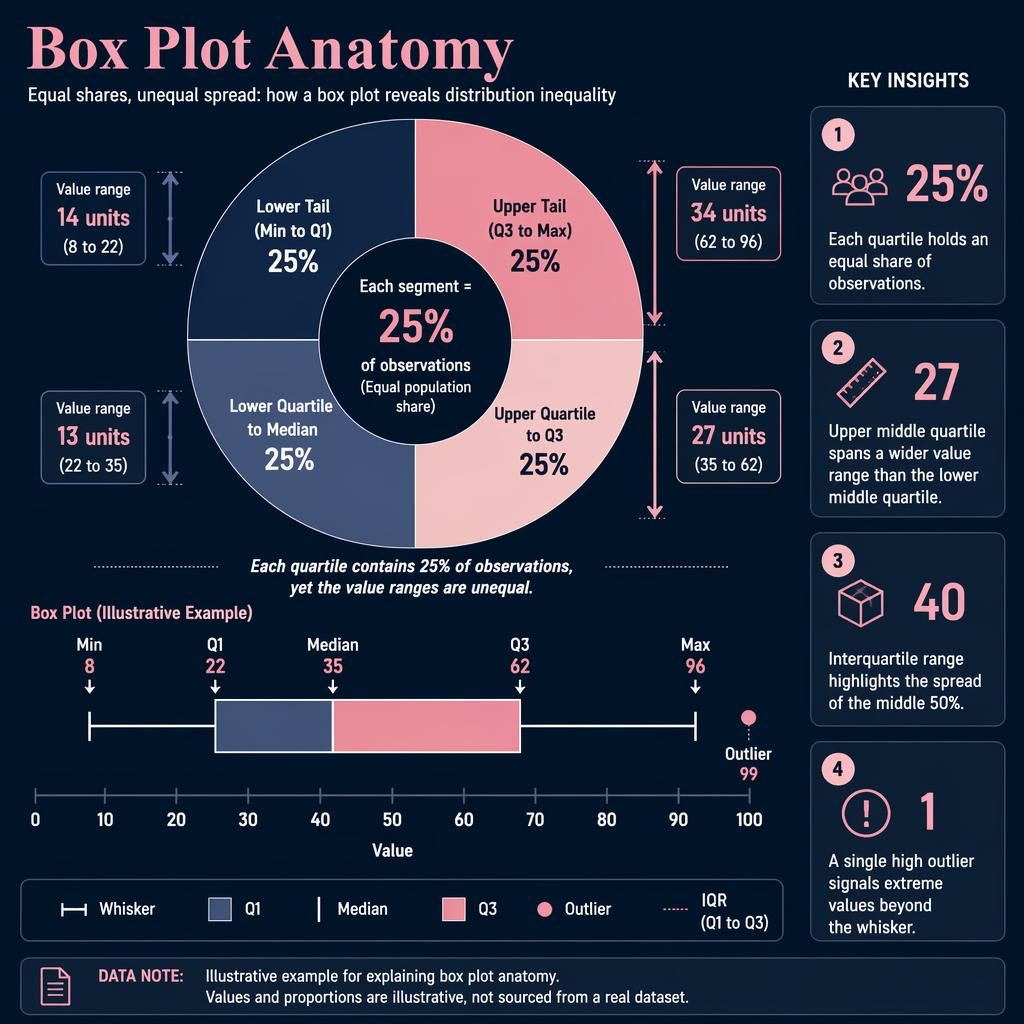 Dark dashboard infographic with donut chart and mini box plot explaining quartiles, IQR, whiskers, and outlier.