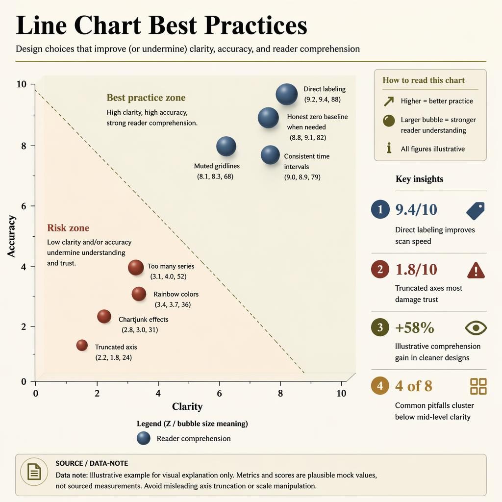 Editorial infographic bubble chart contrasting line chart best practices and risks with clarity, accuracy axes and callouts.