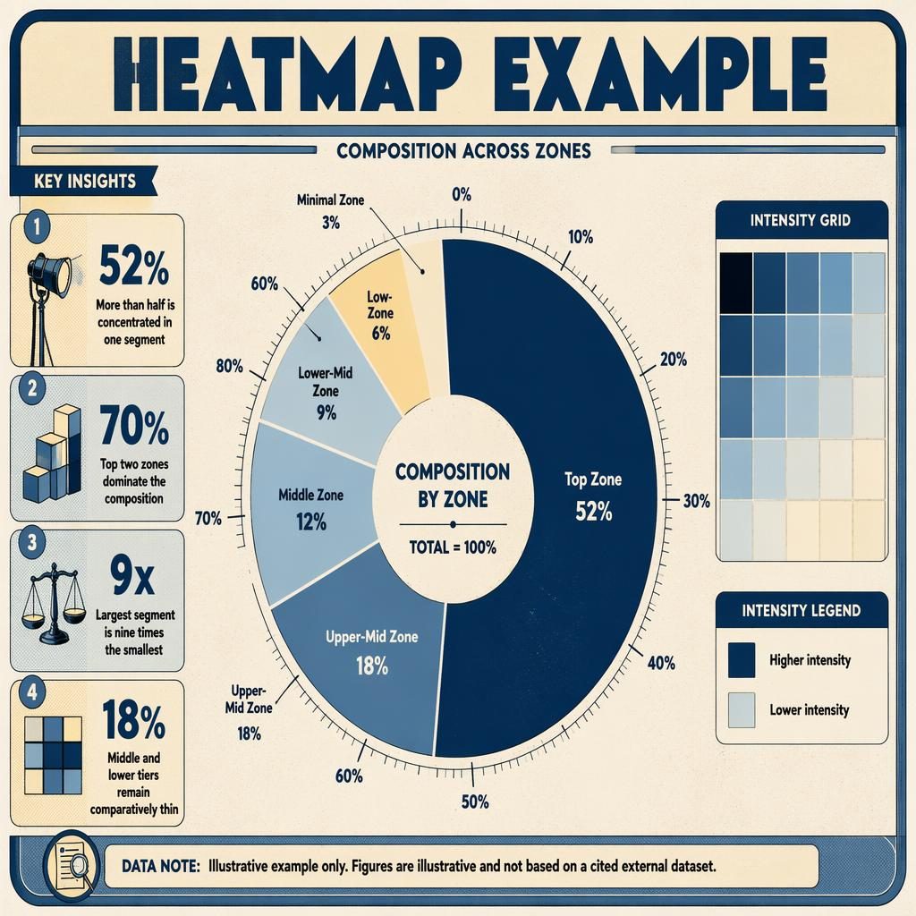 Retro editorial infographic with a large donut chart, mini heatmap panel, callouts, legend, and data note on inequality.