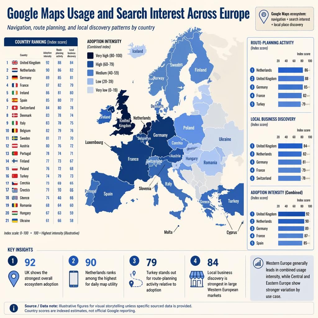 Choropleth mapa Evropy s modrou škálou, metrikami využití Google mapy a postranními žebříčky podle zemí.