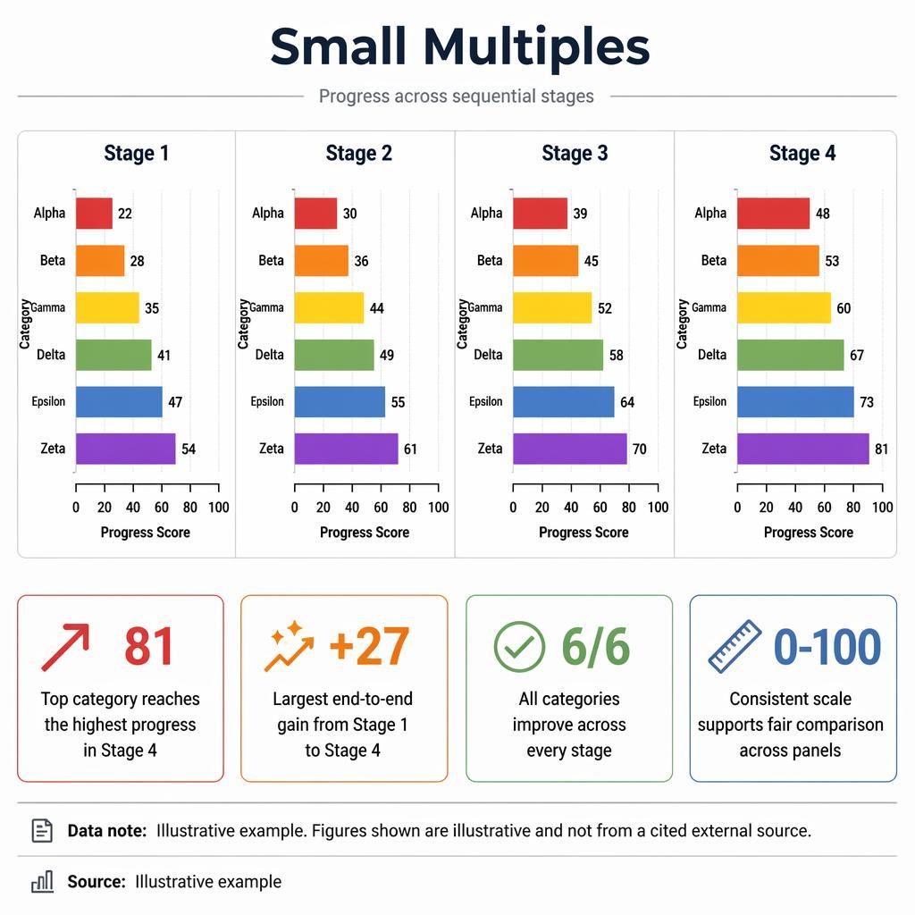 Small-multiples graph display with 4 ranked bar charts from Stage 1 to Stage 4, showing six categories improving on a 0-100 scale.