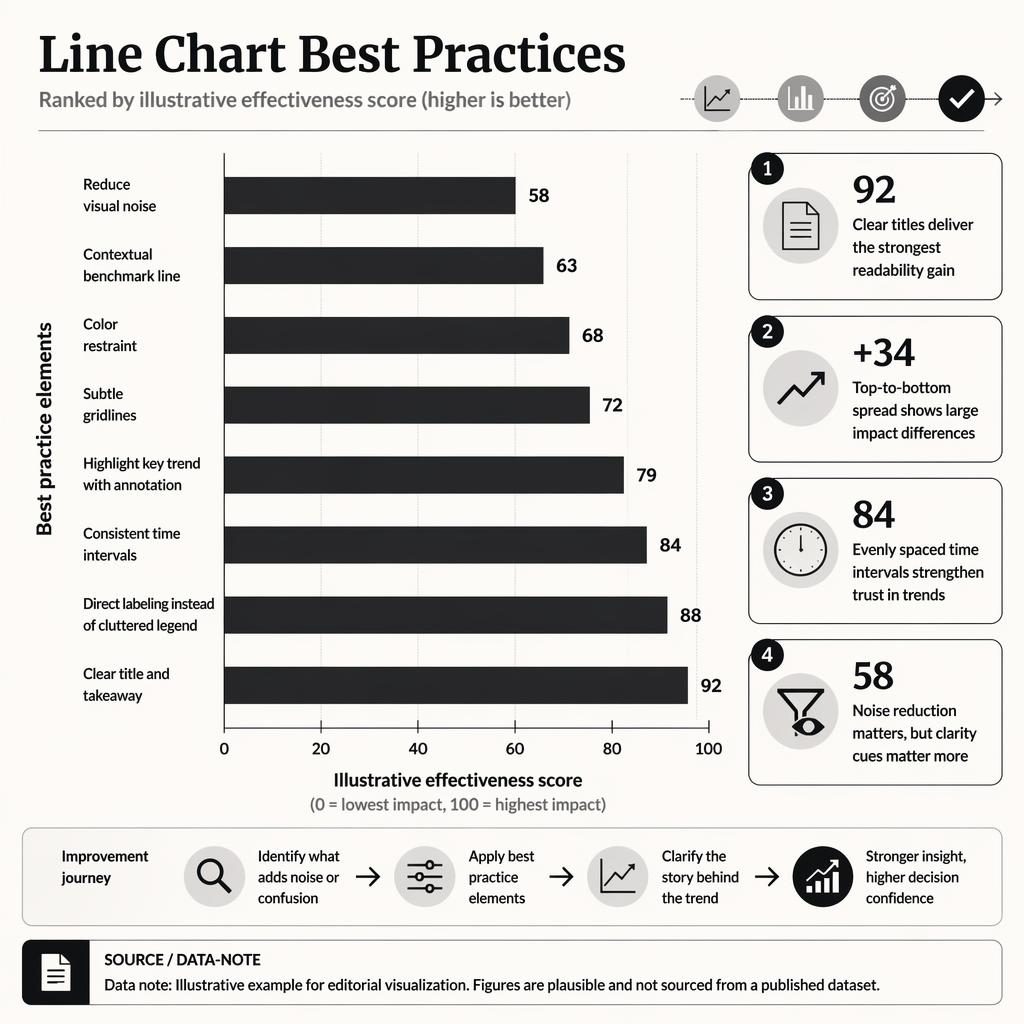 Editorial infographic with a vertical ranked bar chart of best practices, four insight callouts, and an illustrative data note.