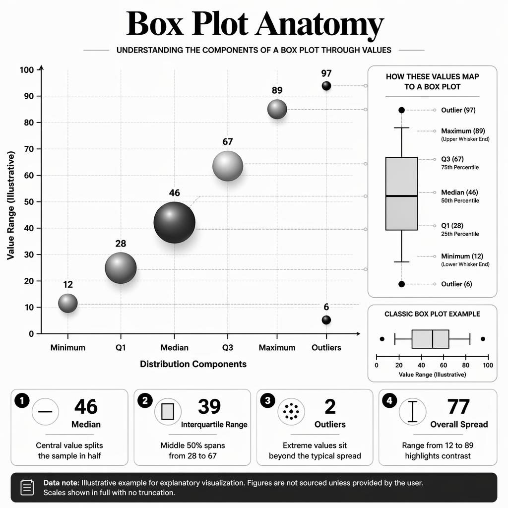 Monochrome 3D-style bubble chart infographic explaining box plot anatomy with values for minimum, quartiles, median, max, and outliers.