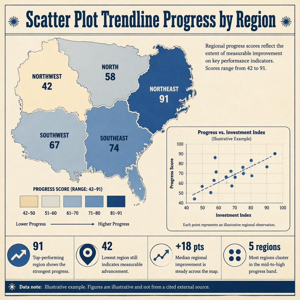 Retro-style choropleth map infographic with regional progress shades, inset scatter plot trendline, four insight callouts, and legend.