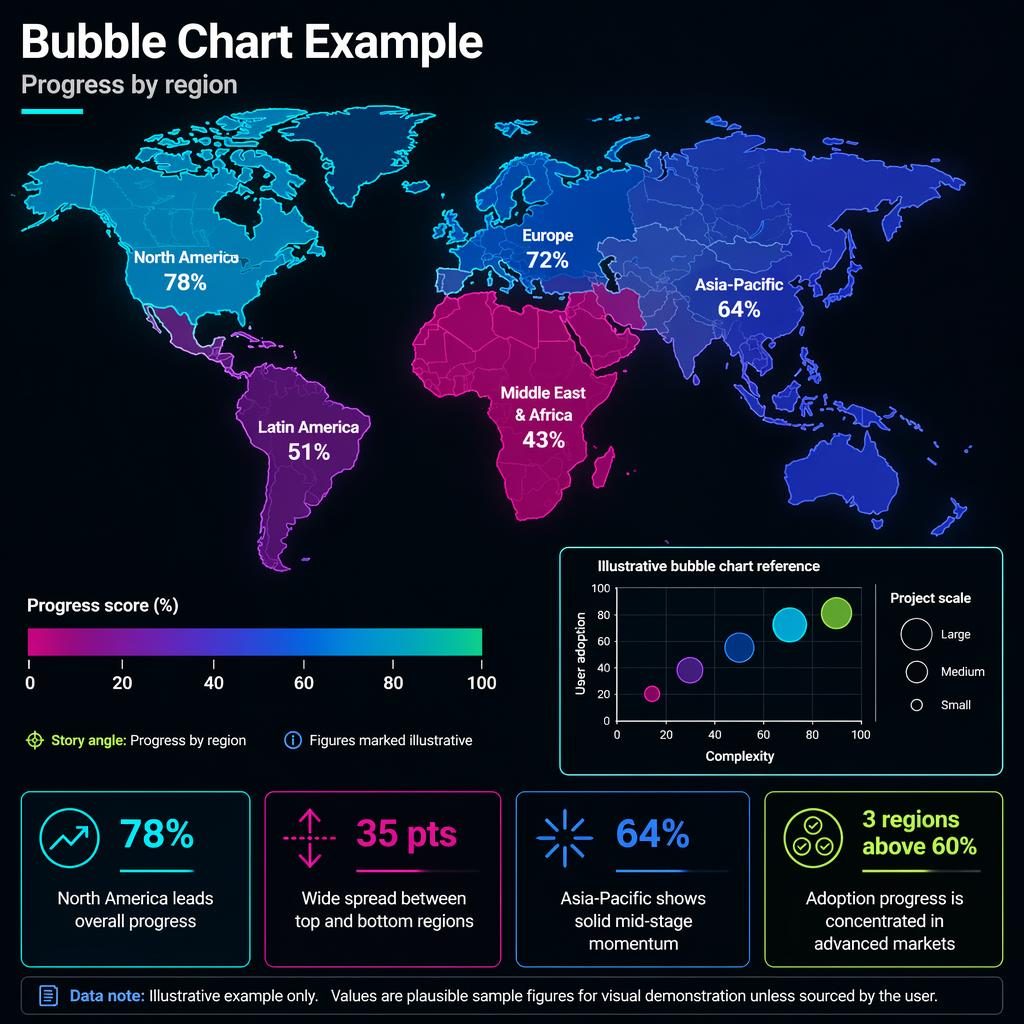 Dark neon world choropleth map infographic with regional progress scores, legend, callouts, and a small bubble chart inset.