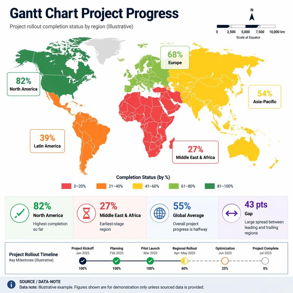 Flat world choropleth map infographic showing project progress by region with legend, 4 callouts, and a compact timeline strip.