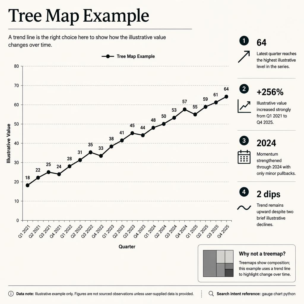Monochrome data infographic with a trend line from Q1 2021 to Q4 2025, four insight callouts, and a treemap note inset.