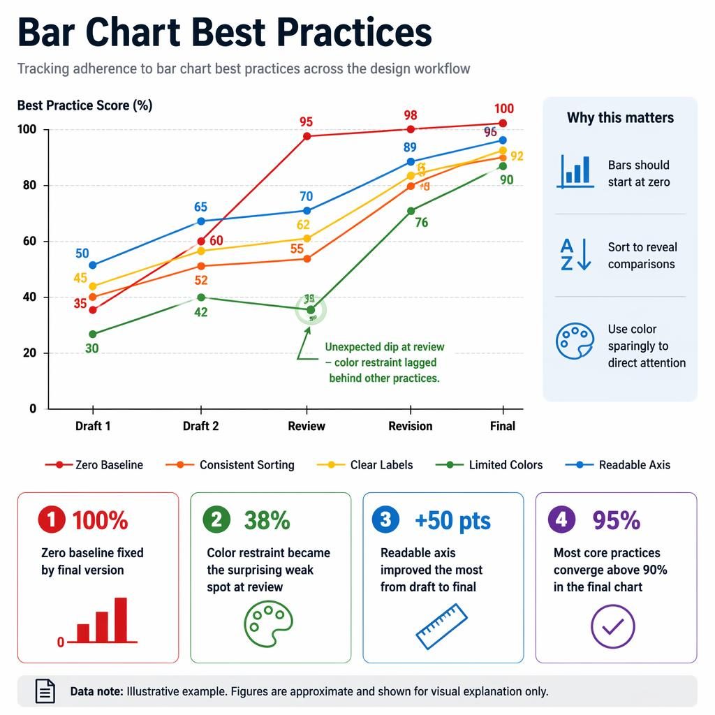 Clean infographic with 5 trend lines across Draft 1 to Final, highlighting a Limited Colors dip at Review.